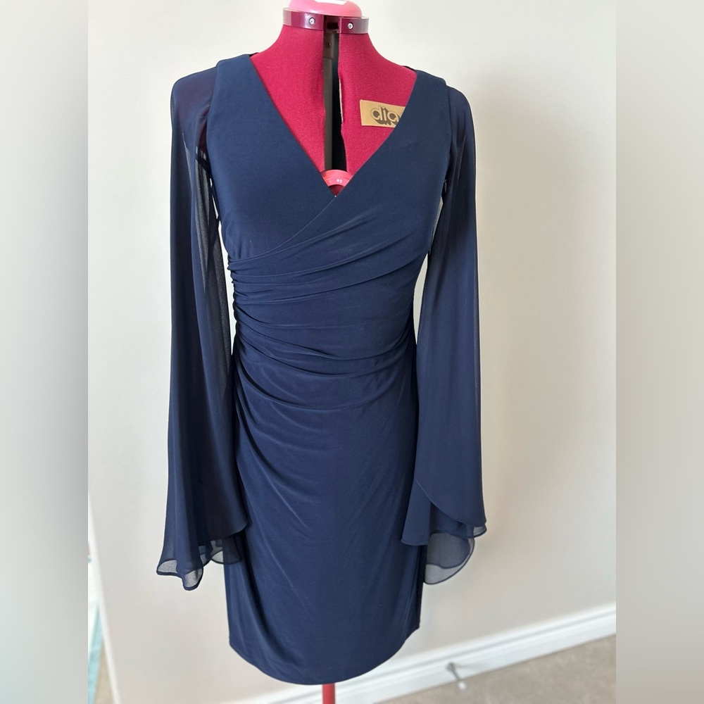Ralph Lauren Blue Ruched Wrap Dress with Bell Sleeves